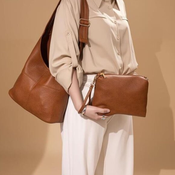 Women Ultra Soft Foldable Shoulder Handbags Brown - Picture 2 of 6